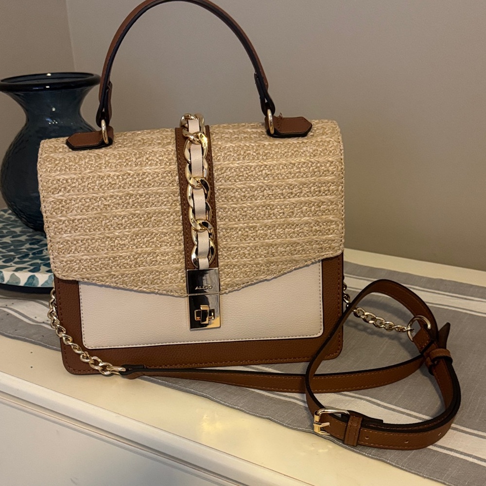 Aldo Beige and Brown Crossbody Bag with Chain Detail